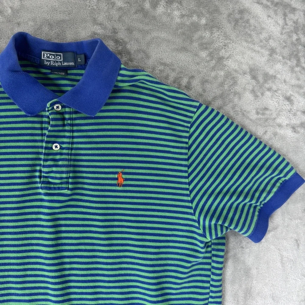 VTG Polo Ralph Lauren Polo Shirt Mens Large Blue Green Stripe Pique Casual Logo